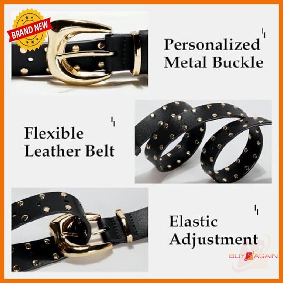 Genuine Leather Studded Belt Adjustable Punk Style 41.3 Inches main image 6